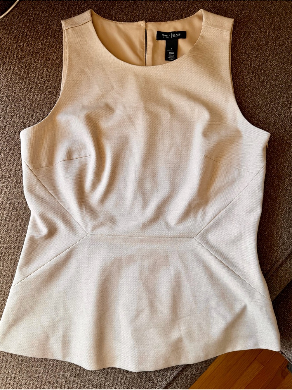 WHBM Sleeveless Peplum Top | Beige Structured Workwear Blouse | Size 8